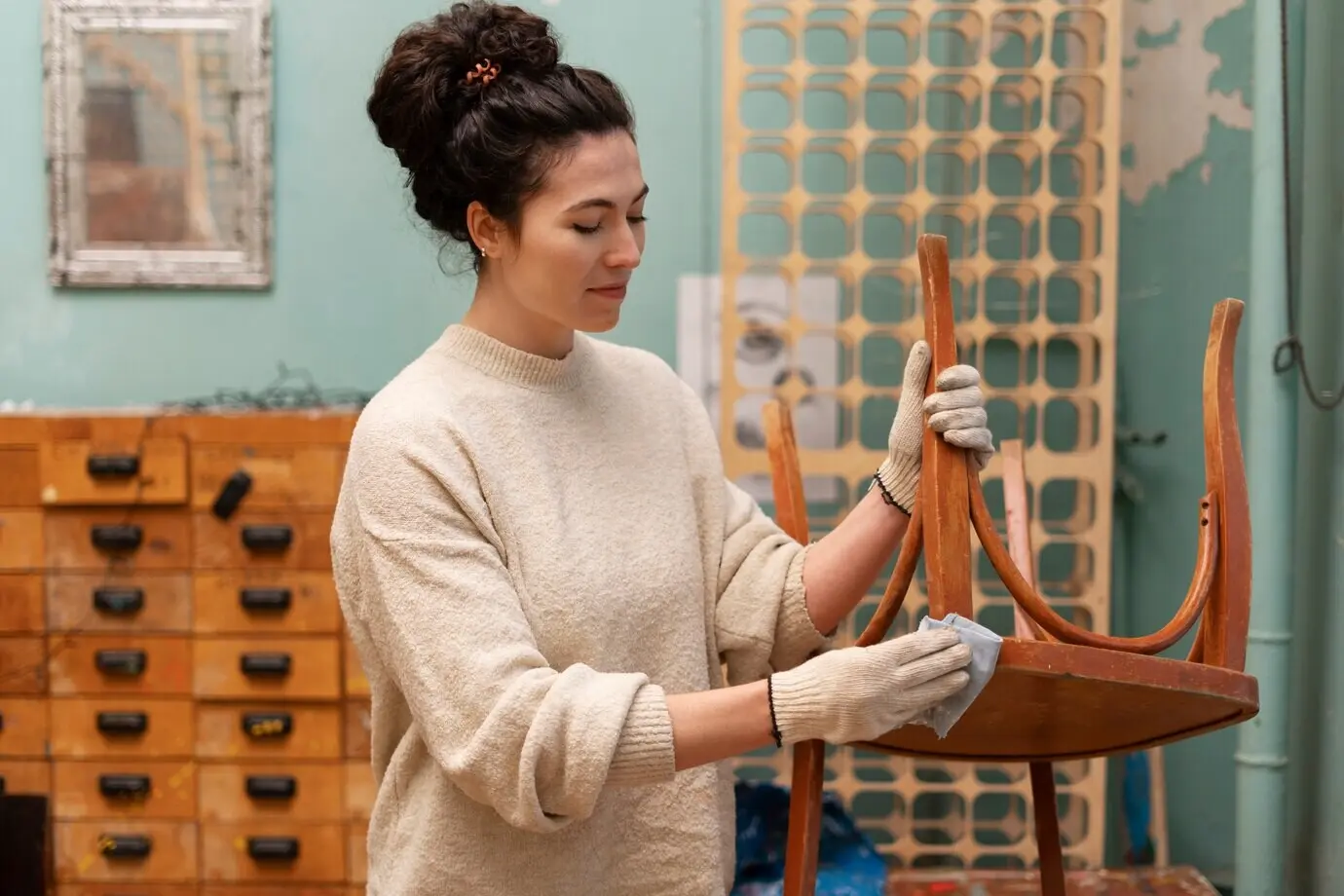 Seitenansicht einer Frau, die einen Holzstuhl restauriert.