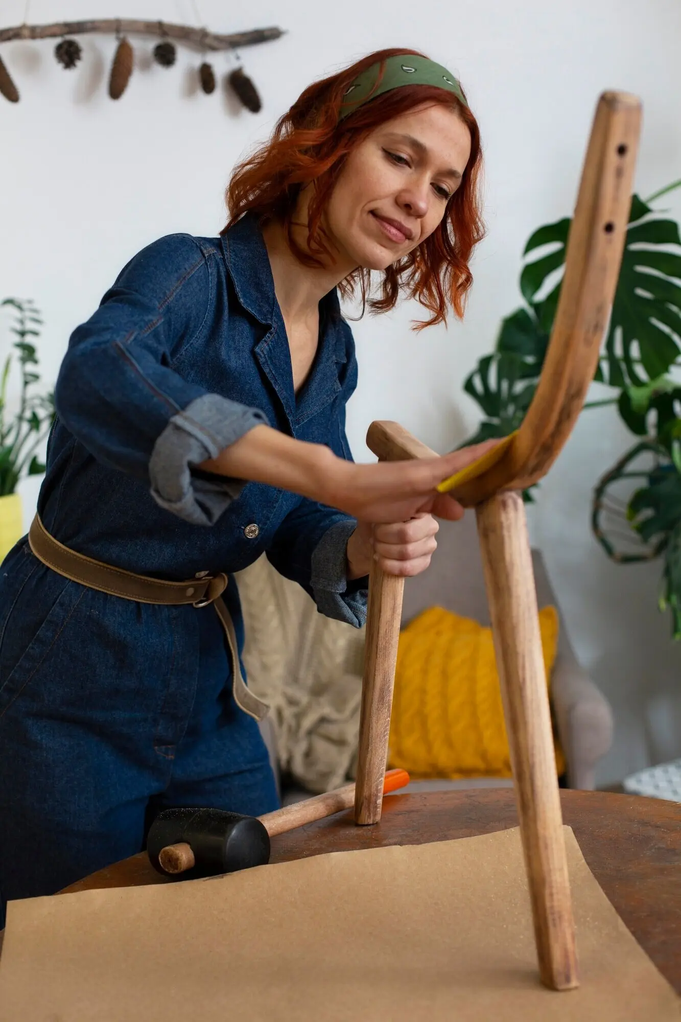 Seitenansicht einer Frau, die Holzmöbel restauriert.